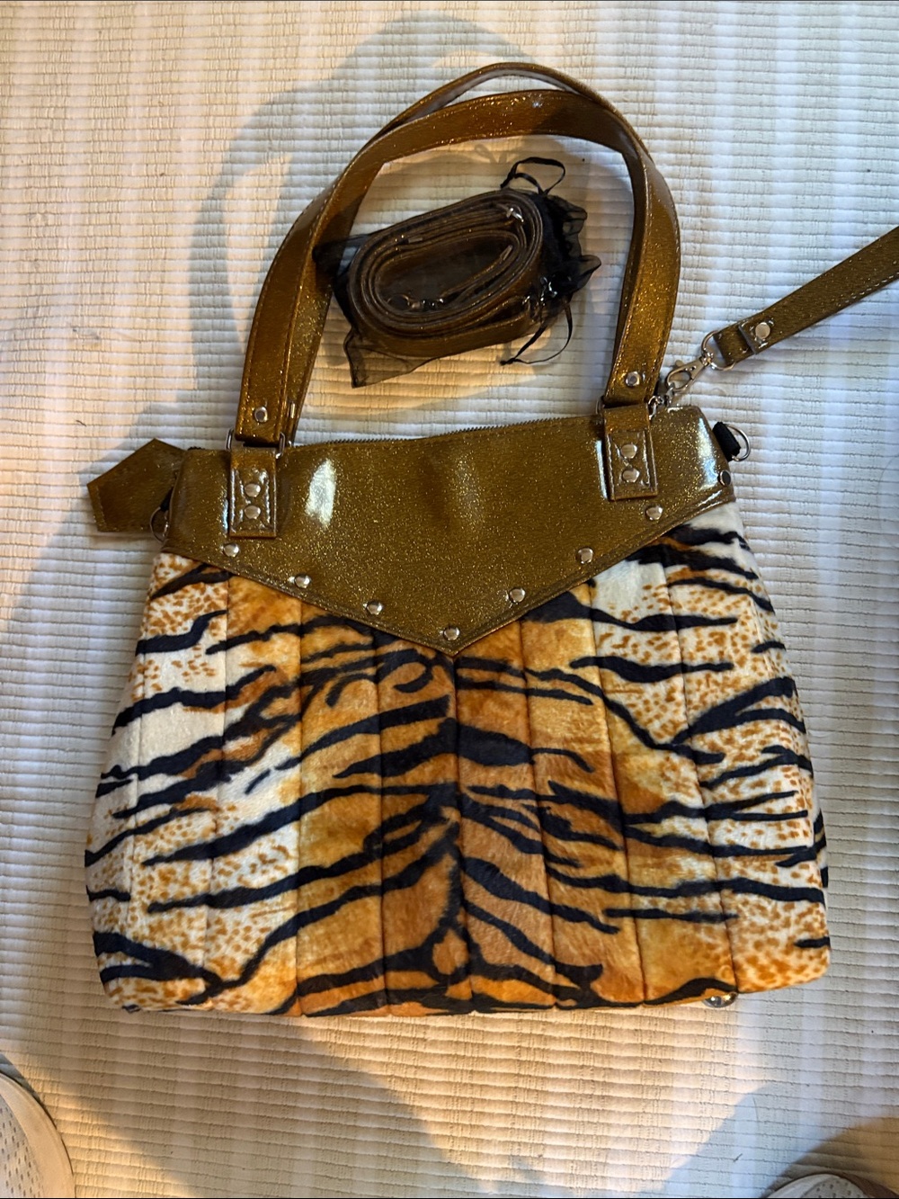 Gold and Tiger-Print Faux Fur Tote Handbag